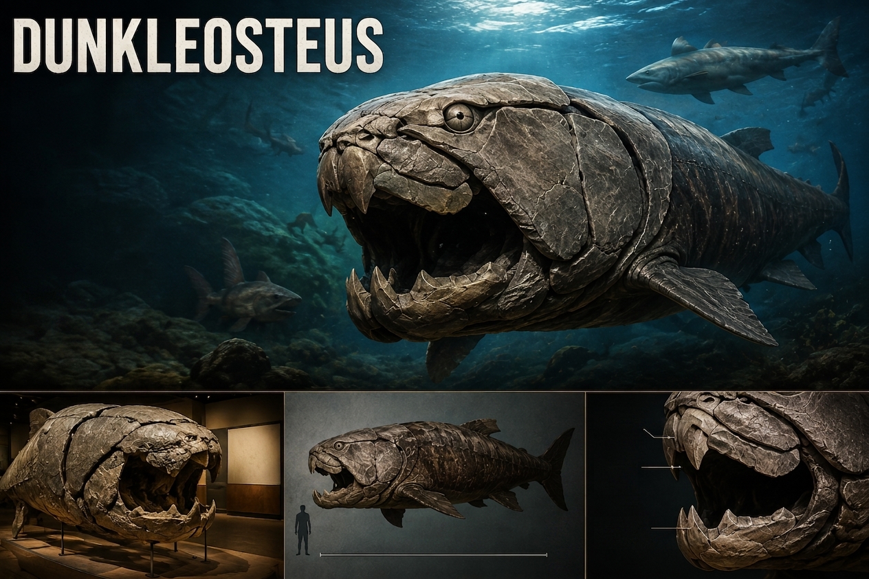 Dunkleosteus, an ancient armored fish with powerful jaws, swimming in the Devonian seas