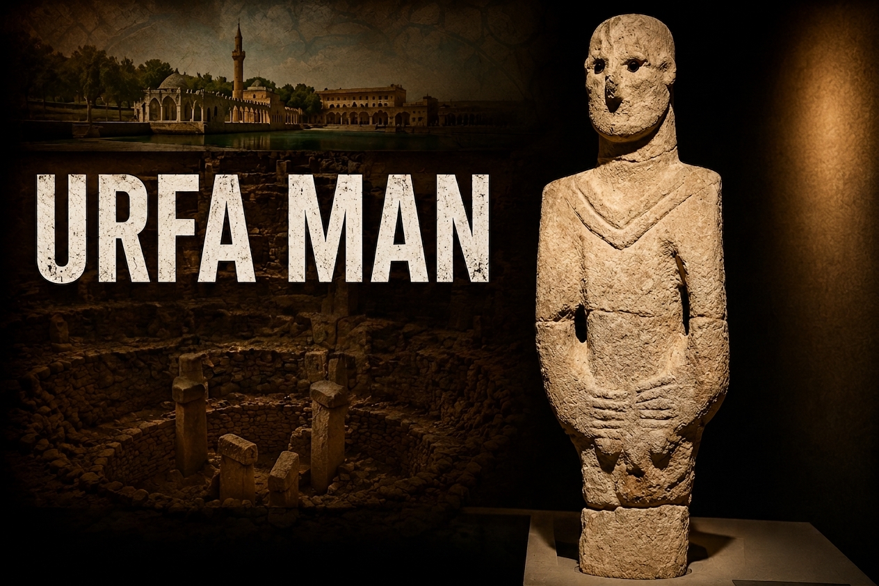 Urfa Man, an 11,500-year-old ancient life-size statue from Sanliurfa, Turkey, displayed with an archaeological site in the background