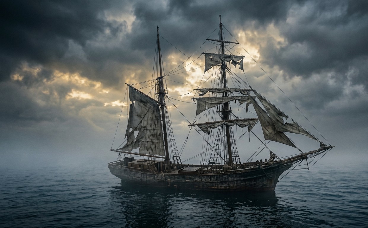 Mary Celeste ghost ship drifting alone in the Atlantic Ocean