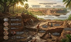 Archaeological reconstruction of Wari-Bateshwar showing ancient artifacts, coins, pottery and settlement remains