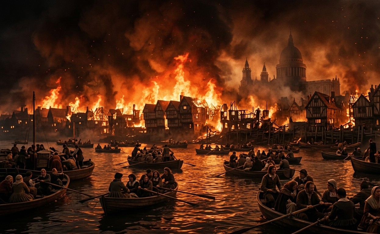 The Great Fire of London burning across the city