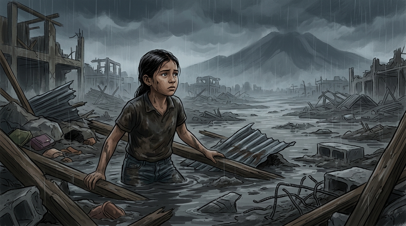Illustration Omayra Sanchez trapped in muddy water during the 1985 Armero tragedy in Colombia