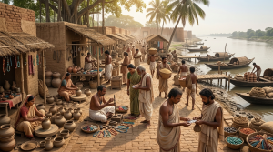 Aerial reconstruction of ancient Wari-Bateshwar settlement with defensive walls, workshops and river port