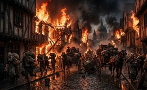 The Great Fire spreading through wooden houses in London