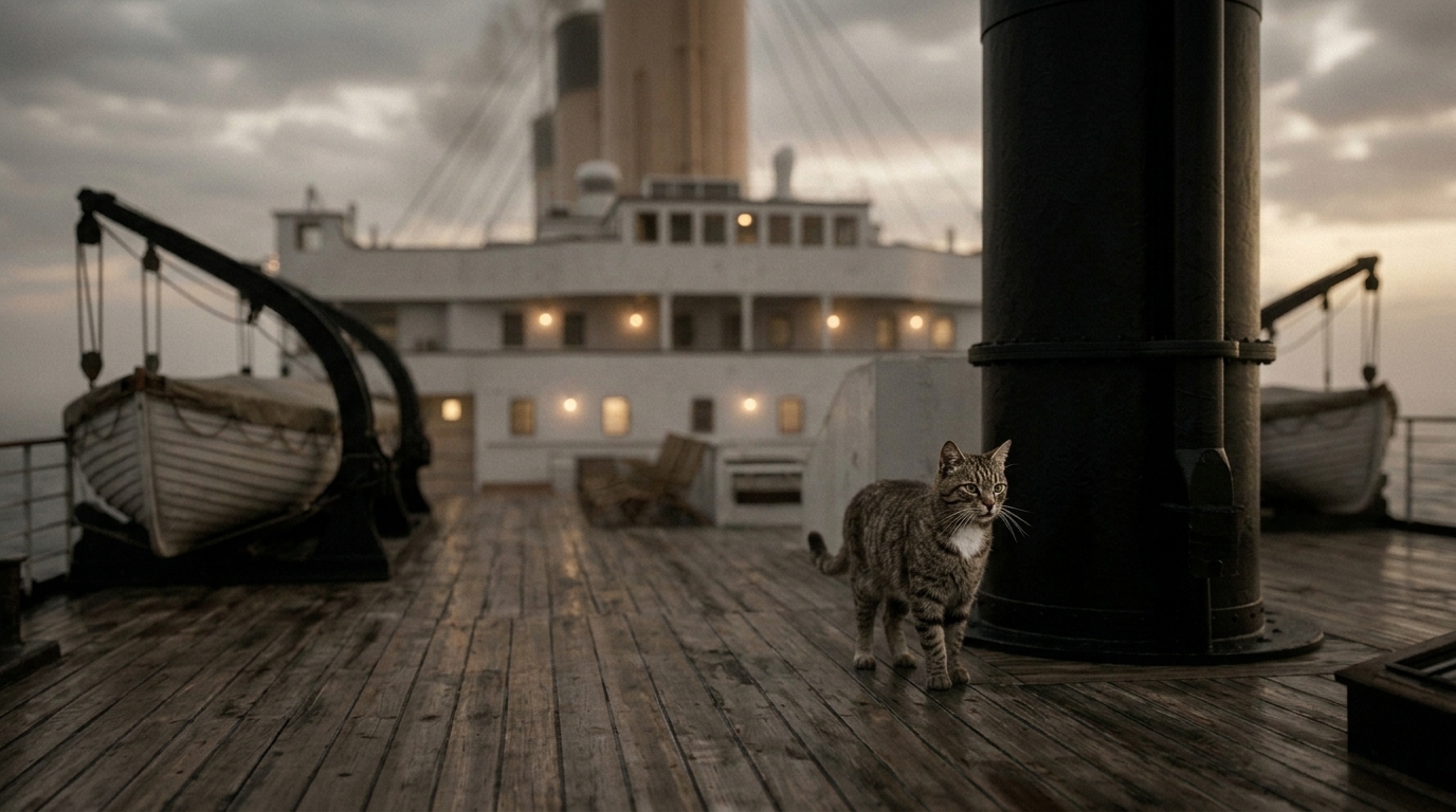 Titanic Cat Jenny standing on the deck of the RMS Titanic in 1912