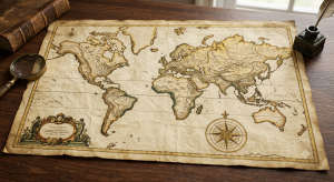 Historic Piri Reis Map on ancient parchment