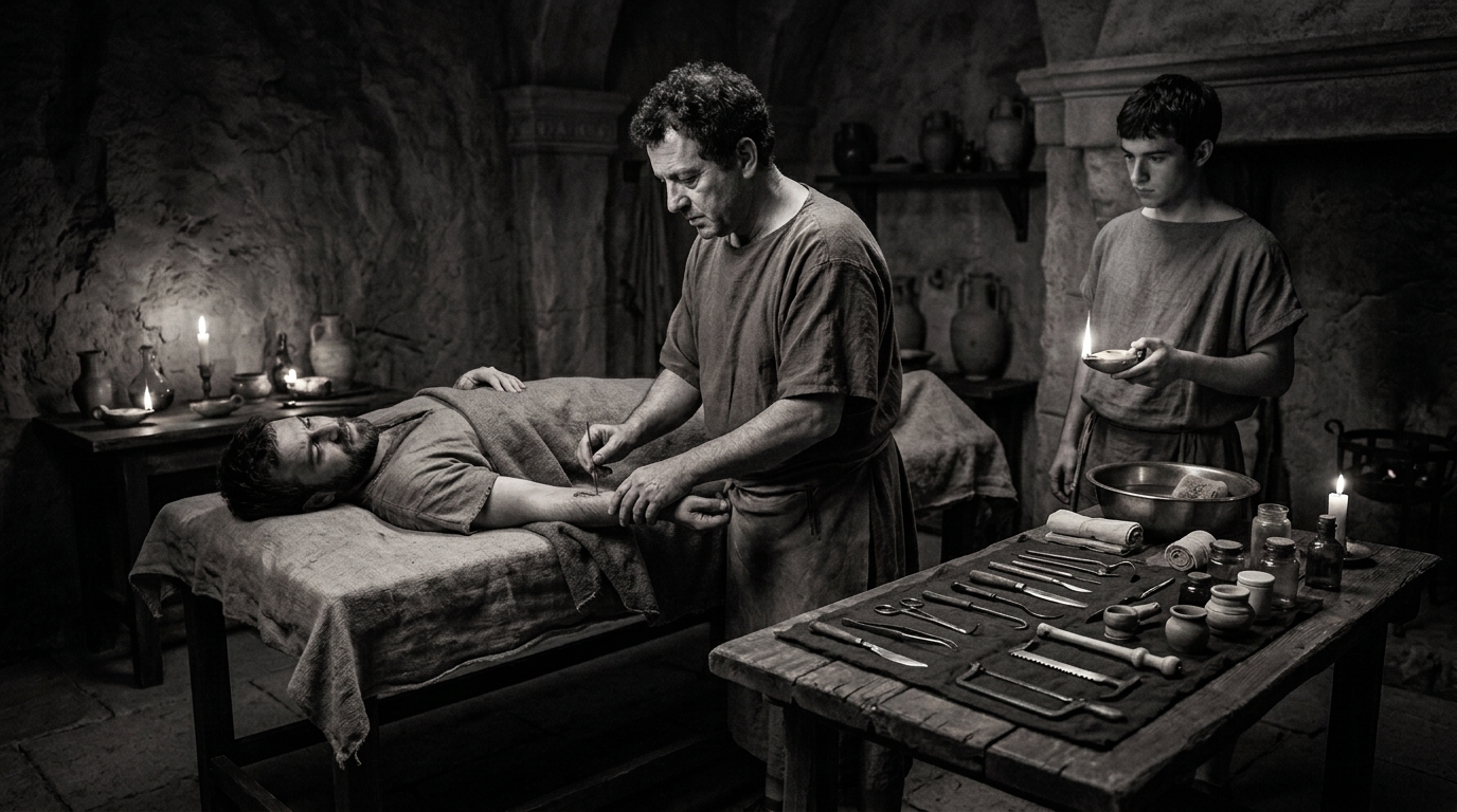 Ancient Roman Surgeon performing a medical procedure with Roman surgical instruments
