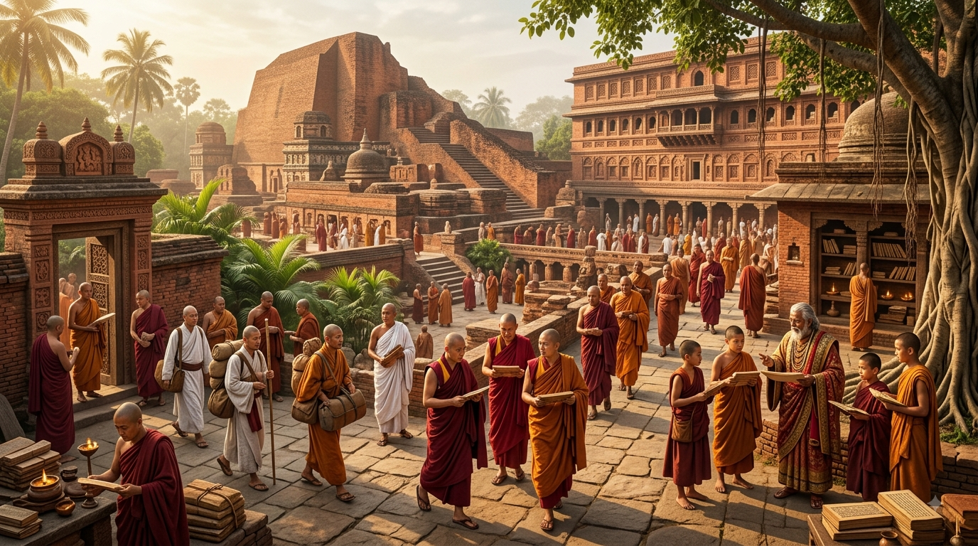 Ancient Nalanda University with Buddhist monks and historic brick buildings