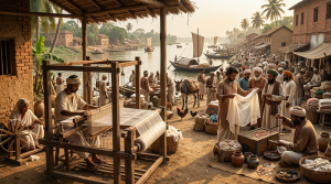 Traditional weaver making fine cloth at a busy riverside market in ancient Sonargaon