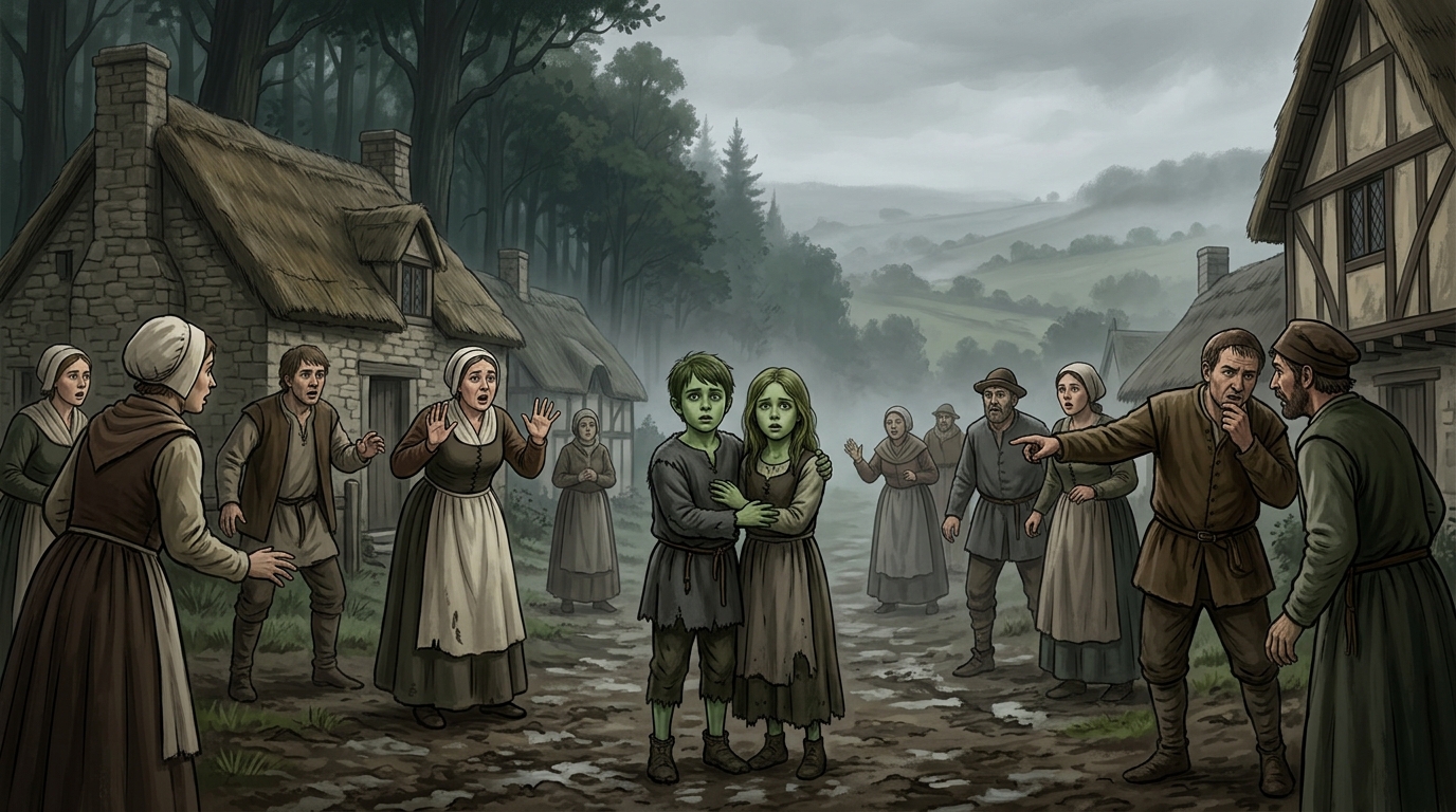 The Green Children of Woolpit standing in a medieval English village