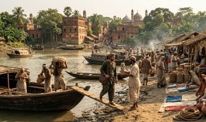 Ancient Sonargaon riverside marketplace with traders, boats and goods being exchanged