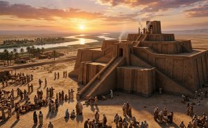 A ziggurat with priests and worshippers