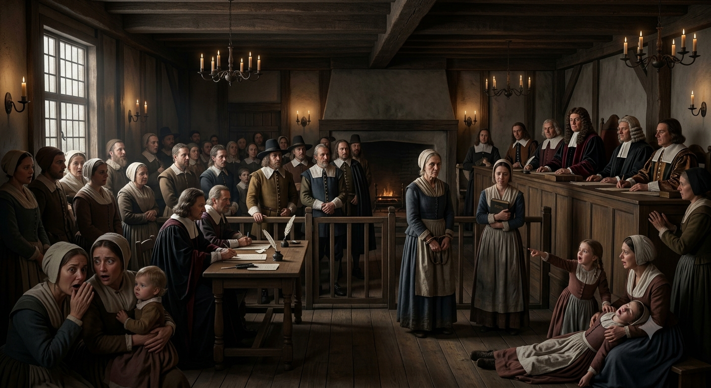 The Salem Witch Trials courtroom in Salem Village, Massachusetts, 1692
