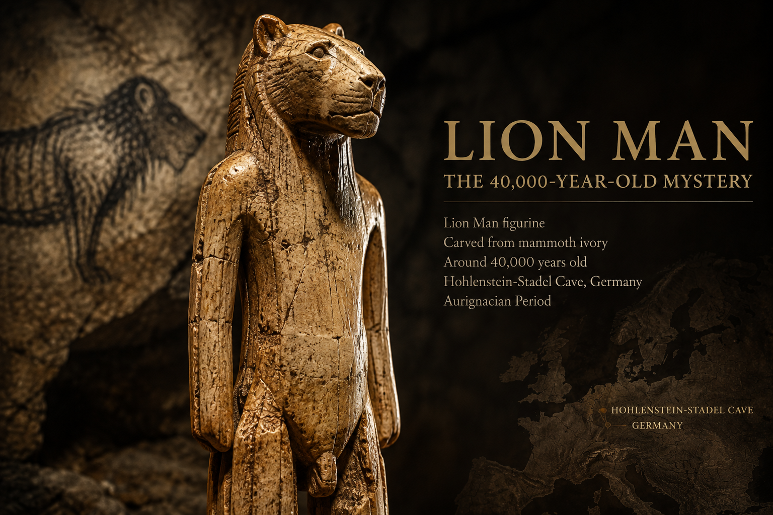 Lion Man figurine, a 40,000-year-old mammoth ivory sculpture with human and cave lion feature