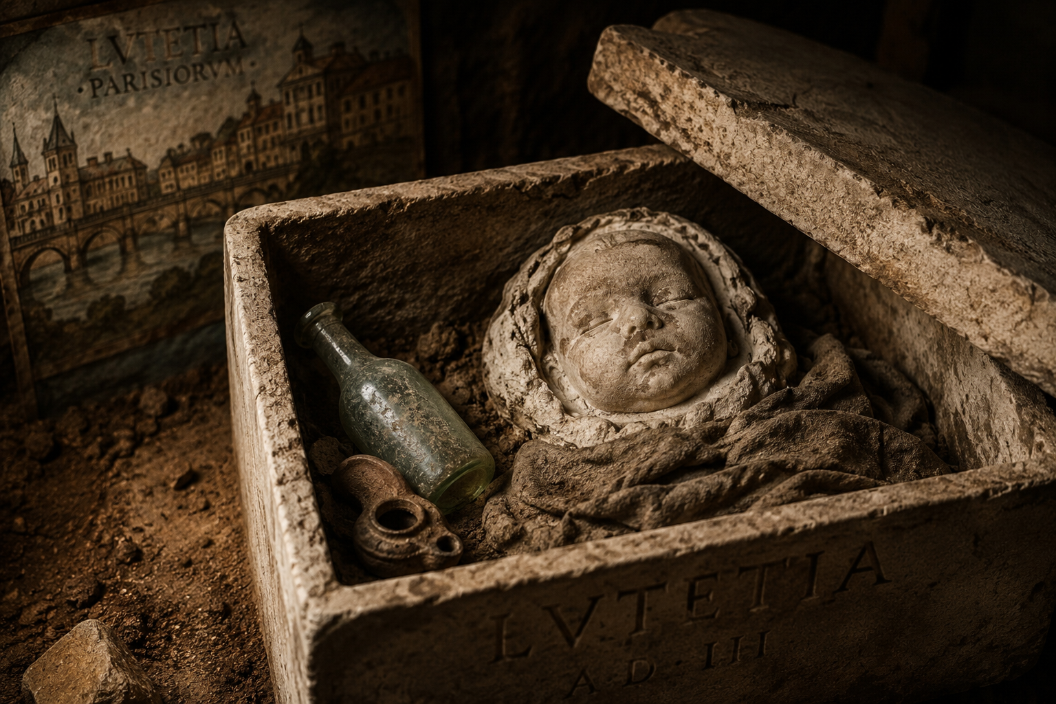 Roman baby,s accidental death mask from ancient Lutetia, Paris