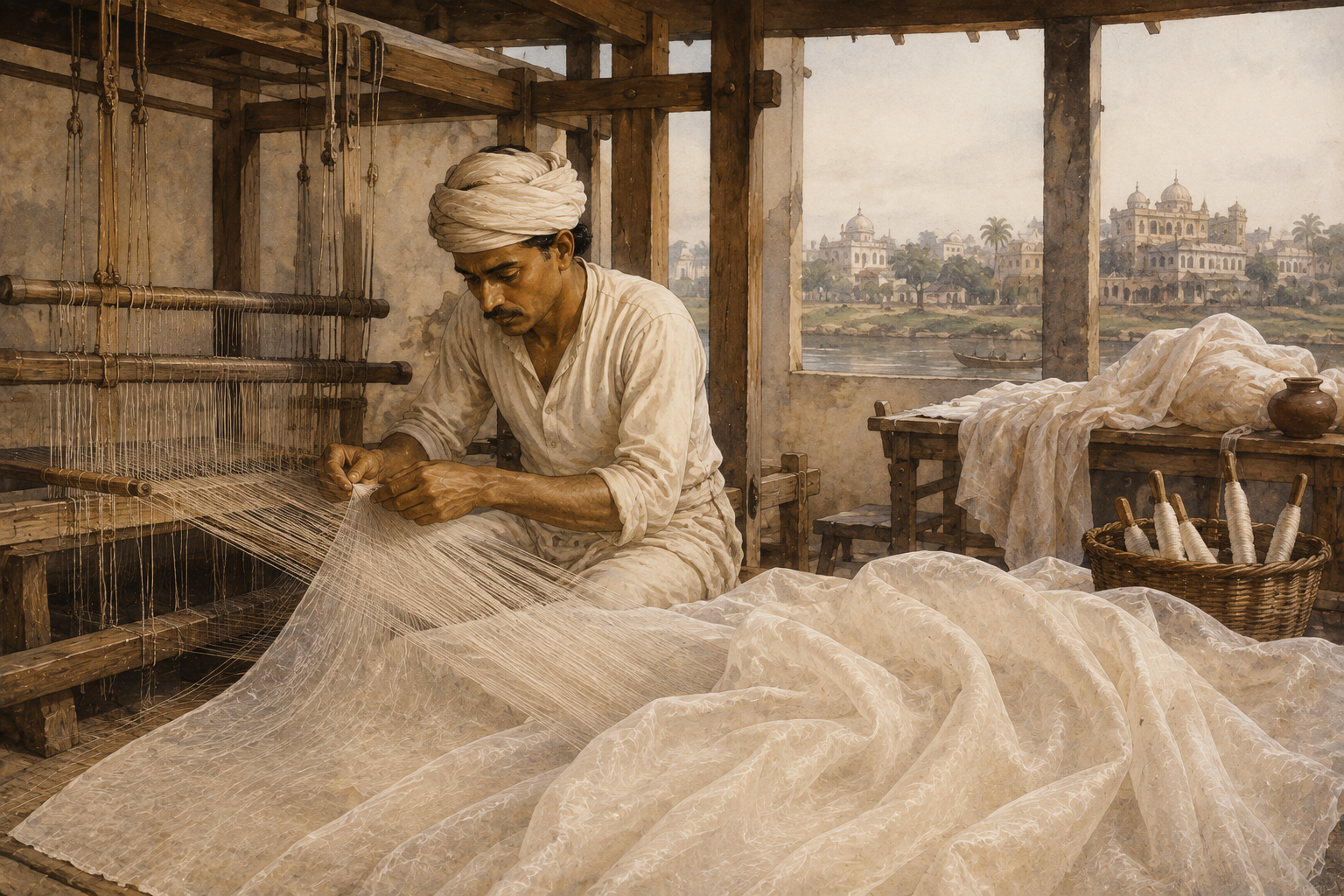 Dhaka Muslin weaver working on a traditional handloom
